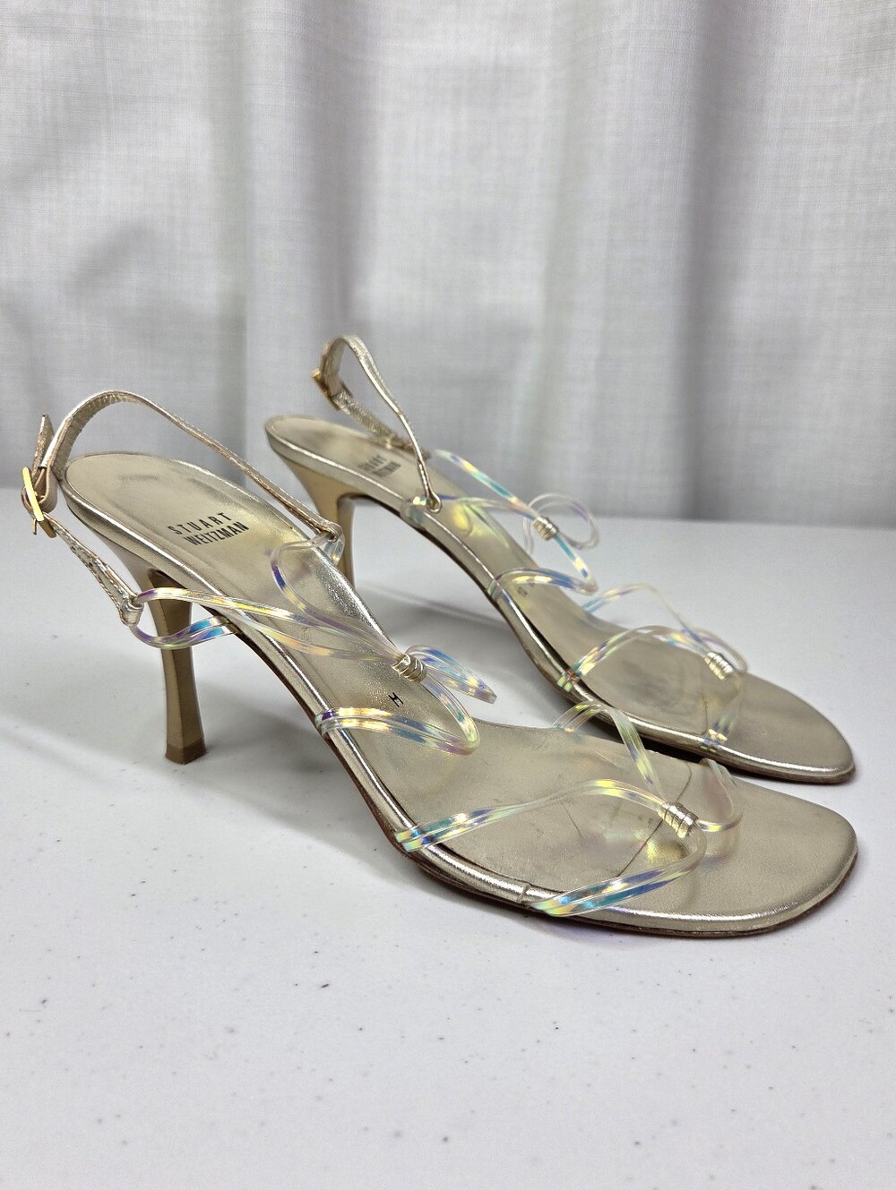 Stuart Weitzman Iridescent Strap Slingback Stiletto Sandals in Gold